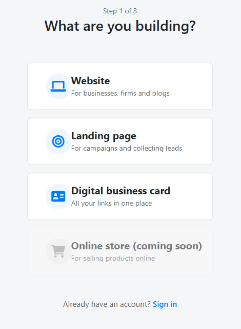 The first signup screen, asking whether you are building a website, a landing page or a digital business card