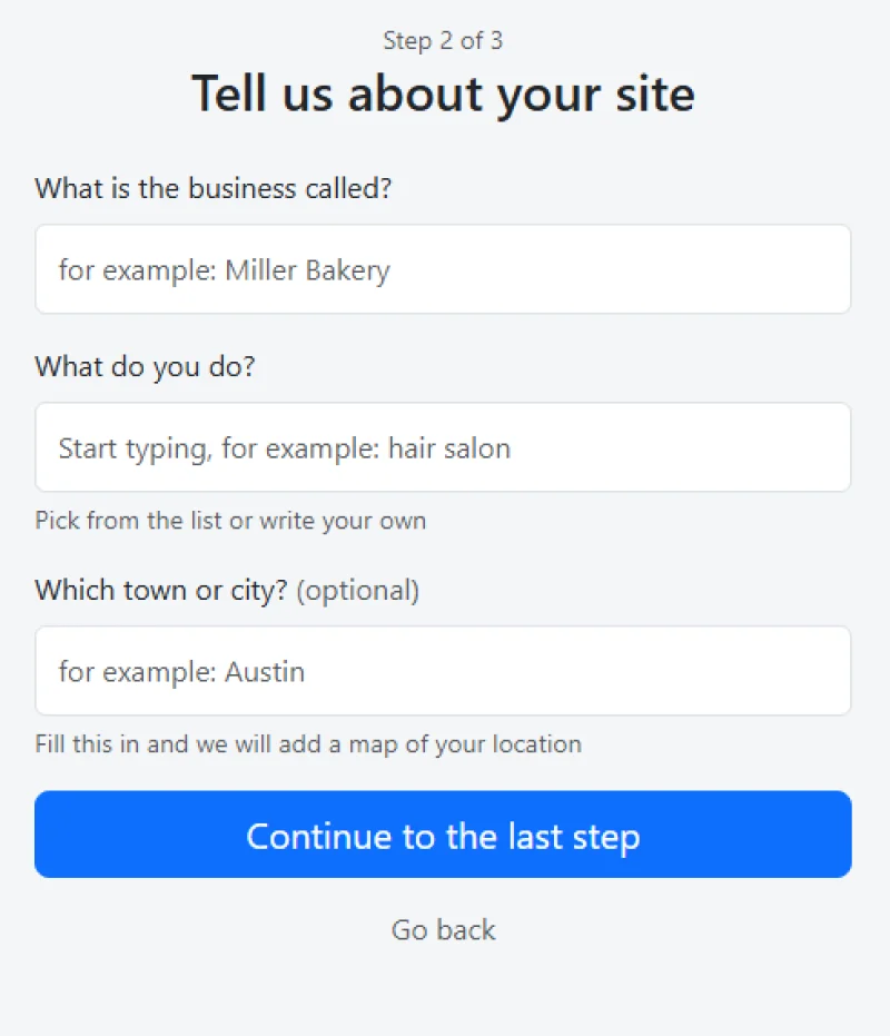 The second signup screen, asking for the business name, the trade and the town