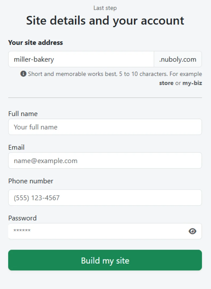 The last signup screen, choosing the site address and creating the account